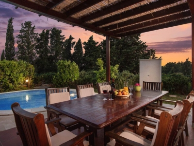 Back yard with pool and dining table